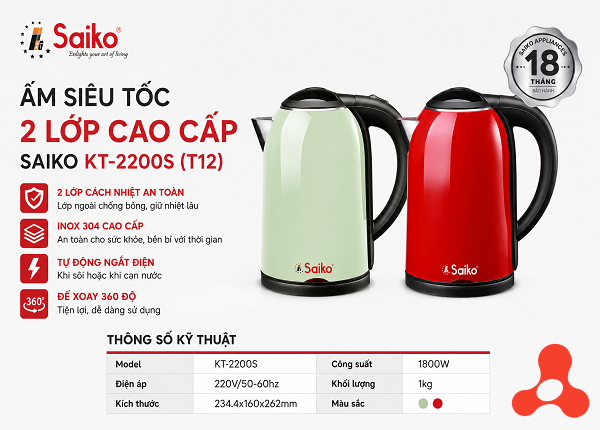 ẤM SIÊU TỐC 2 LỚP CAO CẤP SAIKO KT-2200S (T12)