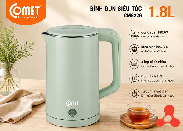 ẤM SIÊU TỐC 2 LỚP CÁCH NHIỆT 1,8L COMET CM8226 (T12)