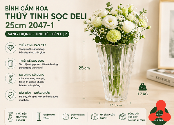 BÌNH CẮM HOA THUỶ TINH SỌC DELI 25CM 2047-1 (T12)