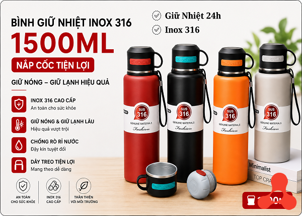 BÌNH GIỮ NHIỆT INOX 316 1500ML NẮP CỐC (T30)