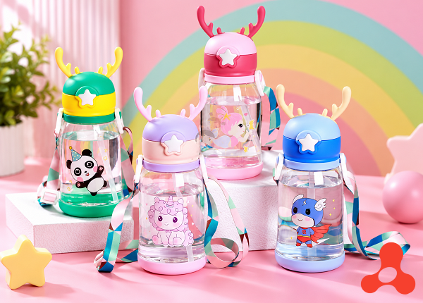 BÌNH NƯỚC SỪNG HƯƠU 600ML NẮP BẬT KÈM DÂY ĐEO (T80)