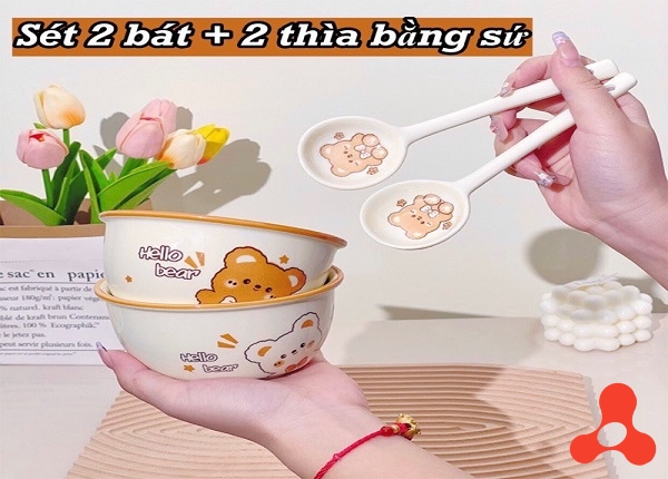 BỘ 2 CHÉN SỨ KÈM MUỖNG HỌA TIẾT