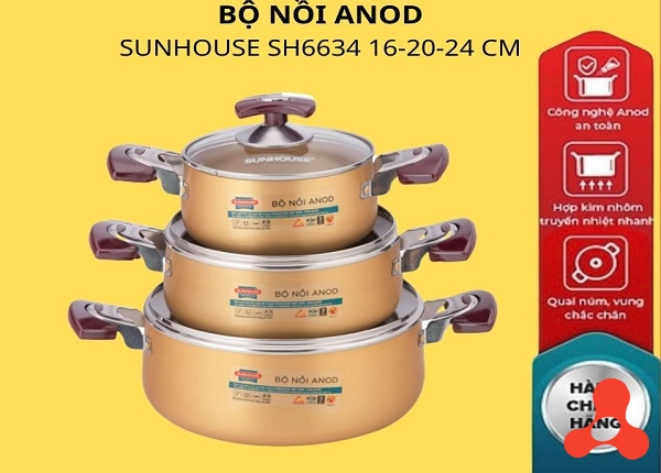 BỘ 3 NỒI ANOD NẮP KÍNH SUNHOUSE SH6634 (T6)