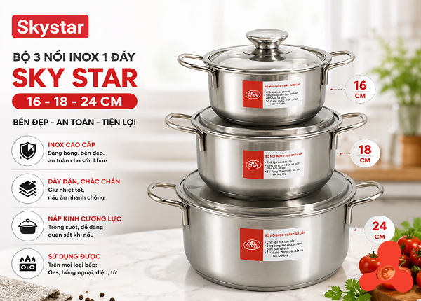 BỘ 3 NỒI INOX 1 ĐÁY SKY STAR (16-18-24cm)