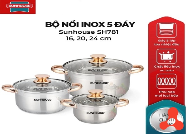 BỘ 3 NỒI INOX 5 ĐÁY SUNHOUSE SH781