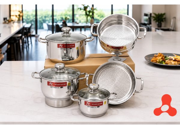 BỘ 5 NỒI CÓ CHẢO VÀ XỬNG INOX 3 ĐÁY CAO CẤP SKY STAR DA-08IG