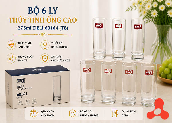 BỘ 6 LY THỦY TINH ỐNG CAO 275ml DELI 60164 (T8)