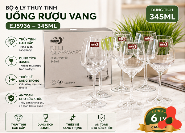 BỘ 6 LY THUỶ TINH UỐNG RƯỢU VANG 345ML EJ5936 (T6)