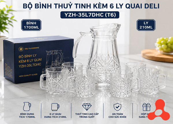 BỘ BÌNH THUỶ TINH ÁNH KIM KÈM 6 LY QUAI DELI YZH-35L7DHC (T6)
