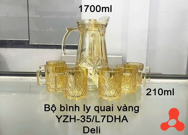 BỘ BÌNH THUỶ TINH KÈM 6 LY QUAI VÀNG YZH-35L7DHA (T6)