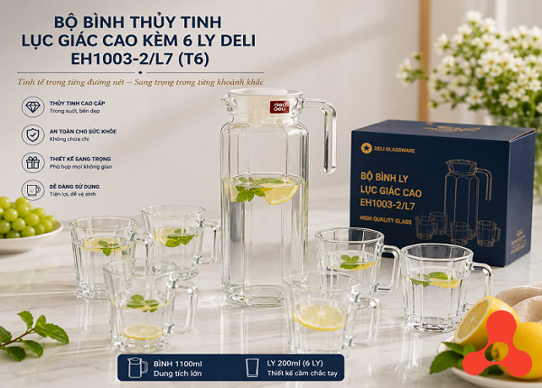 BỘ BÌNH THUỶ TINH LỤC GIÁC CAO KÈM 6 LY QUAI DELI EH1003-2L7 (T6)