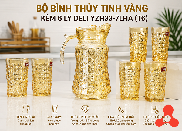 BỘ BÌNH THUỶ TINH VÀNG KÈM 6 LY DELI YZH33-7LHA (T6)