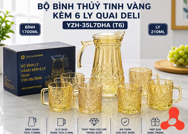 BỘ BÌNH THUỶ TINH VÀNG KÈM 6 LY QUAI DELI YZH-35L7DHA (T6)