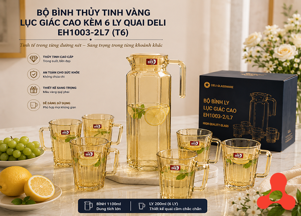 BỘ BÌNH THUỶ TINH VÀNG LỤC GIÁC CAO KÈM 6 LY QUAI DELI EH1003-2L7 (T6)