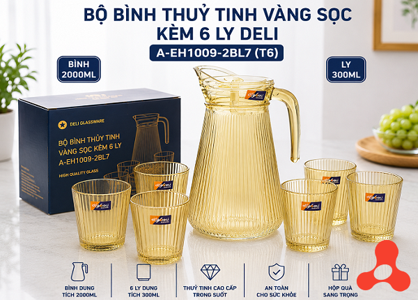 BỘ BÌNH THUỶ TINH VÀNG SỌC KÈM 6 LY DELI A-EH1009-2BL7 (T6)