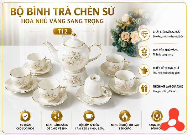 BỘ BÌNH TRÀ CHÉN SỨ HOA NHỦ VÀNG SANG TRỌNG (T12)