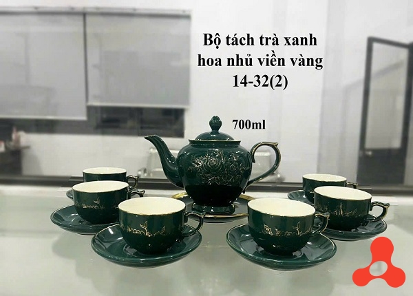 BỘ BÌNH TRÀ XANH NGỌC BÍCH HOA NHỦ VIỀN VÀNG