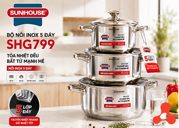 BỘ NỒI INOX 5 ĐÁY SUNHOUSE SHG799 (T12)