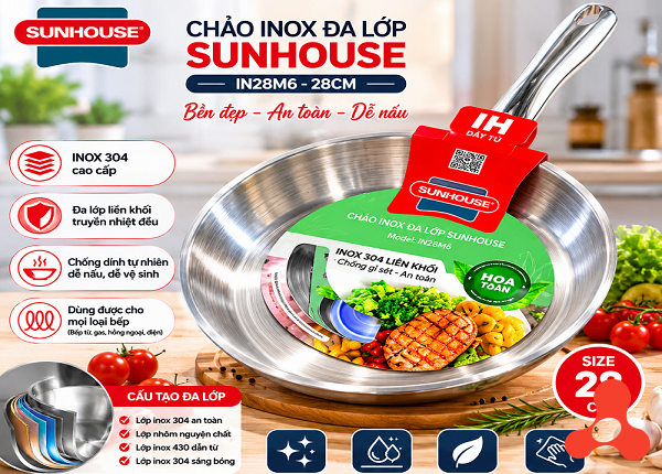 CHẢO INOX ĐA LỚP SIZE 28CM SUNHOUSE IN28M6