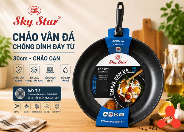 CHẢO VÂN ĐÁ CHỐNG DÍNH ĐÁY TỪ SKY STAR 30cm (CHẢO CẠN)