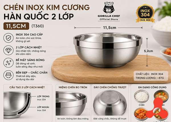 CHÉN INOX KIM CƯƠNG HÀN QUỐC 2 LỚP 11,5CM (T360)