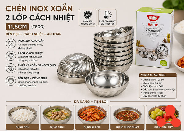 CHÉN INOX XOẮN 2 LỚP CÁCH NHIỆT 11,5CM (T500)