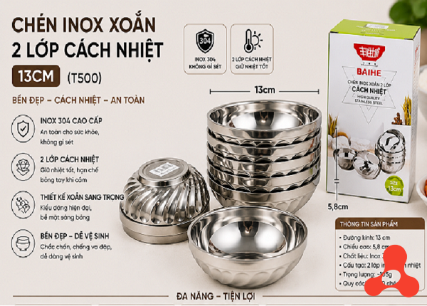 CHÉN INOX XOẮN 2 LỚP CÁCH NHIỆT 13CM (T500)