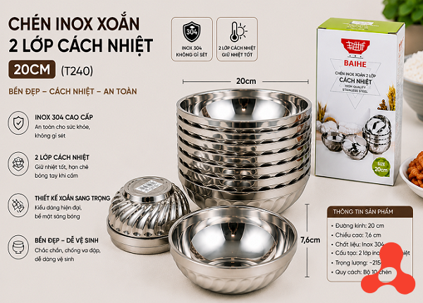 CHÉN INOX XOẮN 2 LỚP CÁCH NHIỆT 20CM (T240)