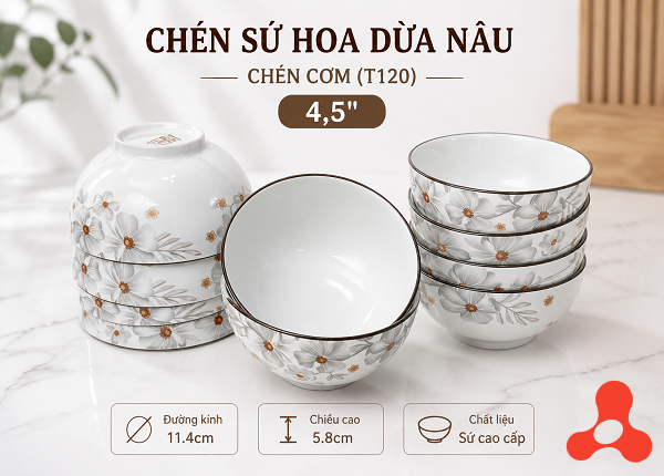 CHÉN SỨ HOA DỪA NÂU CHÉN CƠM (T120)