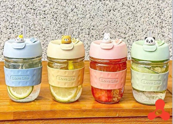 CỐC THUỶ TINH NẮP GẤU KÈM ỐNG HÚT 350ML (T70)