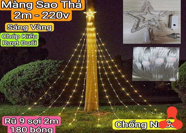 DÂY ĐÈN SAO THẢ MÀN MÀU VÀNG DÀI 2m 180 LED CHỚP RƯỢT ĐUỔI