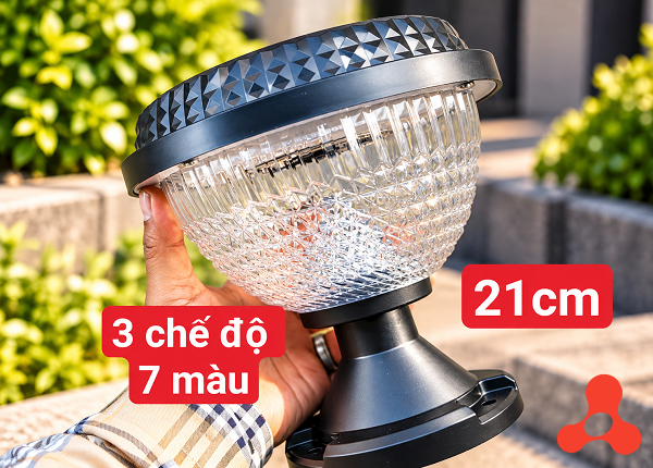 ĐÈN GẮN TRỤ CỔNG NĂNG LƯỢNG MẶT TRỜI 3 CHẾ ĐỘ 7 MÀU 21cm (MẪU TRÒN-T10)