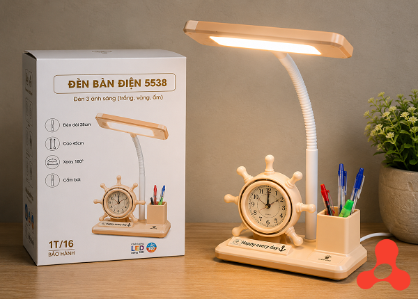 ĐÈN HỌC LED ĐỂ BÀN 5538 8W TÍCH HỢP ĐỒNG HỒ BÁO THỨC & ỐNG ĐỰNG BÚT - 3 CHẾ ĐỘ