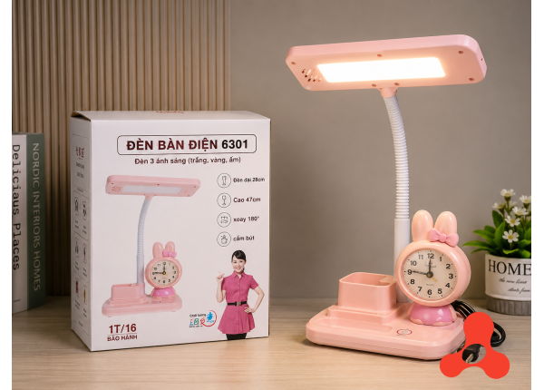 ĐÈN HỌC LED ĐỂ BÀN 6301 3 CHẾ ĐỘ TÍCH HỢP ĐỒNG HỒ BÁO THỨC & ỐNG ĐỰNG BÚT