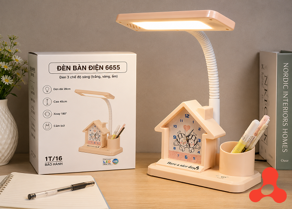 ĐÈN HỌC LED ĐỂ BÀN 6655 TÍCH HỢP ĐỒNG HỒ BÁO THỨC & ỐNG ĐỰNG BÚT - 3 CHẾ ĐỘ