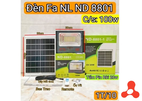 ĐÈN PHA NLMT SOLAR IP68 100W NĐ- 8801 PIN RỜI