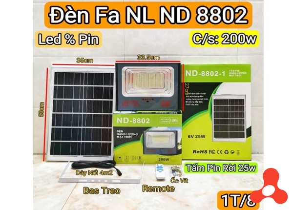 ĐÈN PHA NLMT SOLAR IP68 200W NĐ- 8802 PIN RỜI