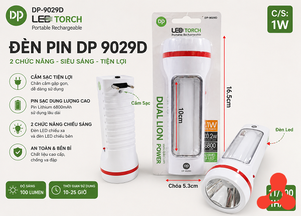 ĐÈN PIN TÍCH ĐIỆN 2 CHẾ ĐỘ DP 9029D (T100)