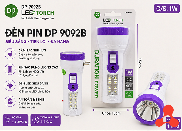 ĐÈN PIN TÍCH ĐIỆN 8 BÓNG LED DP 9092B (T160)