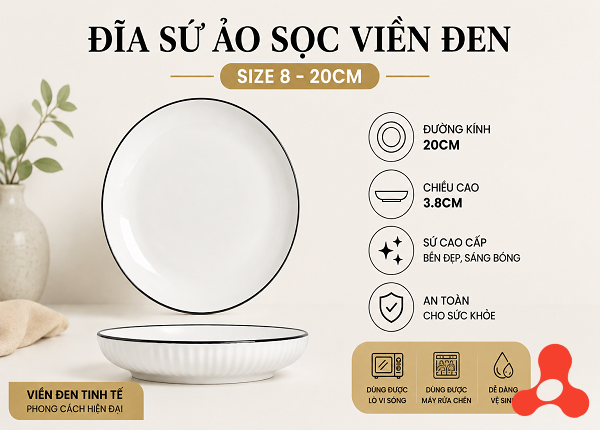 ĐĨA SỨ ẢO SỌC VIỀN ĐEN SIZE 8 - 20CM (T60)