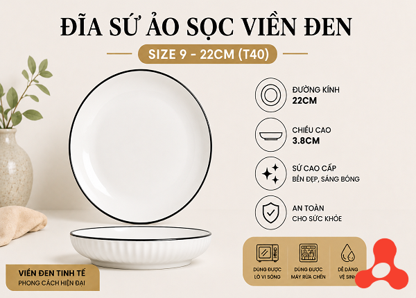 ĐĨA SỨ ẢO SỌC VIỀN ĐEN SIZE 9 - 22CM (T40)