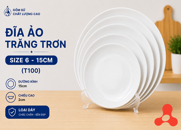 ĐĨA SỨ ẢO TRẮNG TRƠN SIZE 6 - 15CM (T100)