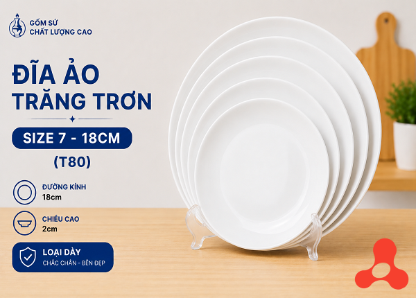 ĐĨA SỨ ẢO TRẮNG TRƠN SIZE 7 - 18CM (T80)
