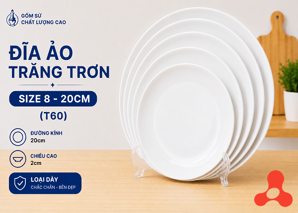 ĐĨA SỨ ẢO TRẮNG TRƠN SIZE 8 - 20CM (T60)