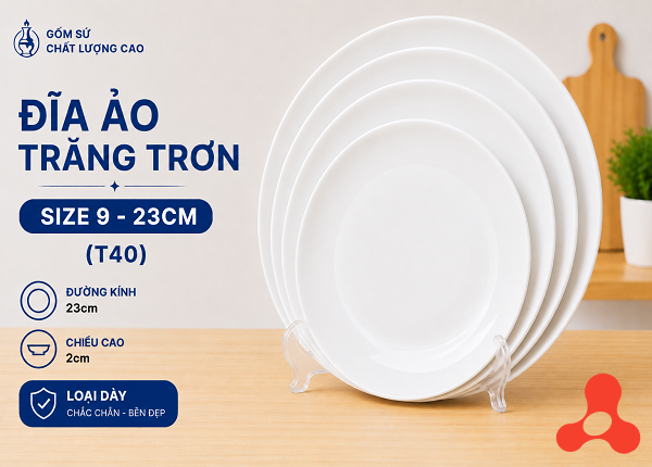 ĐĨA SỨ ẢO TRẮNG TRƠN SIZE 9 - 23CM (T40)