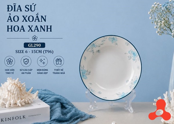 ĐĨA SỨ ẢO XOẮN HOA XANH GL290 SIZE 6 - 15CM (T96)