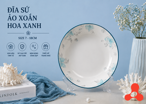 ĐĨA SỨ ẢO XOẮN HOA XANH GL290 SIZE 7 - 18CM (T72)