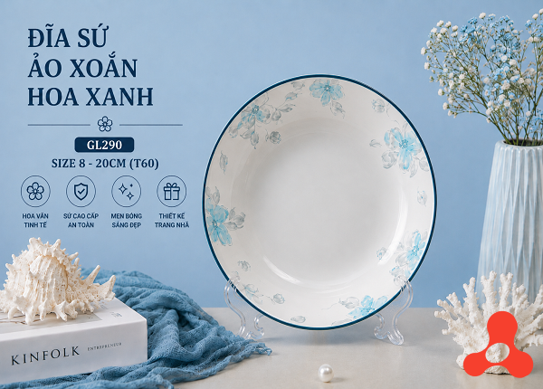 ĐĨA SỨ ẢO XOẮN HOA XANH GL290 SIZE 8 - 20CM (T60)