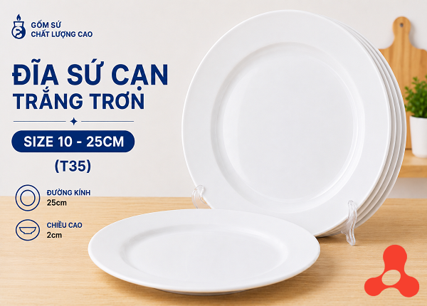 ĐĨA SỨ CẠN TRẮNG TRƠN SIZE 10 - 25CM (T35)