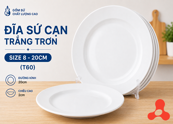 ĐĨA SỨ CẠN TRẮNG TRƠN SIZE 8 - 20CM (T60)